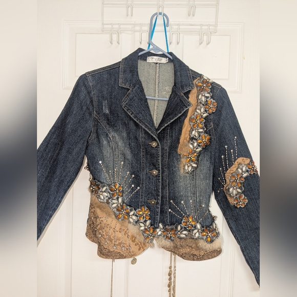 Embellished Denim Jacket by WEST 36th with Fox Fur Trim, Beaded Rhinestone - Picture 7 of 12